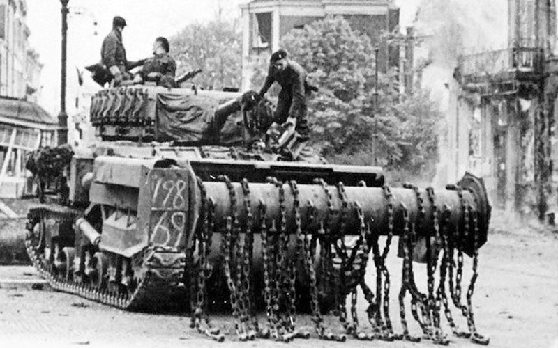 A Sherman 'Crab' Mine-Clearing Flail Tank