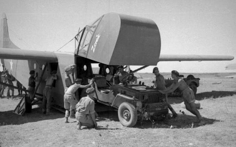 The hinged cockpit of the CG-4A, allowing easier loading of wheeled cargo