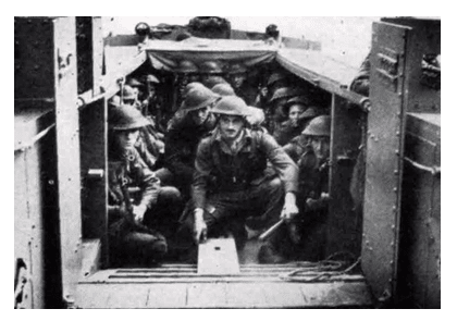 The well deck of the British LCA (Landing Craft, Asssault) with three rows of benches for embarked troops